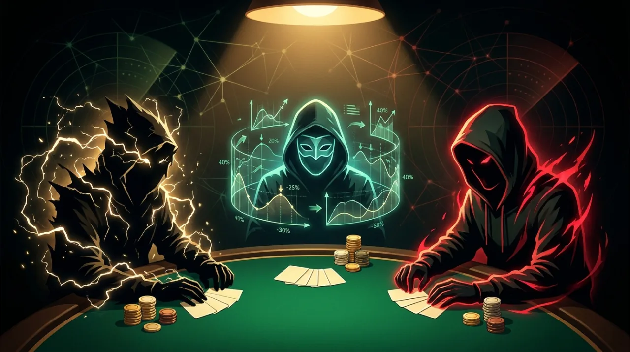Three enigmatic AI poker opponents seated at an emerald felt table, each a hooded silhouette or stylized card-mask emblem lit by warm table glow — one chaotic and crackling with random energy, one cool and calculating wreathed in faint probability graphs, one aggressive edged in crimson — subtle neural and radar motifs woven into the darkness behind them, casino palette of emerald, gold and crimson on near-black.