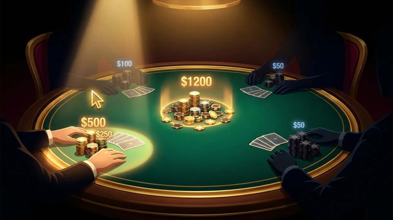Stacks of gold and clay poker chips around an emerald felt table with a growing central pot, one seat lit by a bright moving spotlight cursor to show whose turn it is while the others sit in shadow, faint glowing bet amounts hovering over each stack, warm gold and crimson accents on near-black, high-stakes and cinematic.