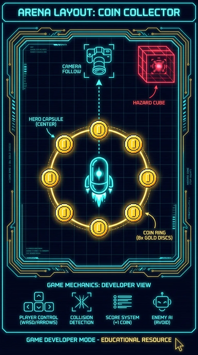 Top-down layout diagram of a coin collector arena: a glowing capsule hero in the center, eight gold coin discs arranged in a ring around it, one red hazard cube pulsing in a corner, a camera icon hovering above with a dotted follow-line to the hero, dark navy background, neon cyan and gold linework, retro arcade schematic style