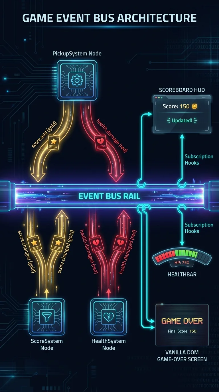Event flow diagram on a dark background: a horizontal glowing event bus rail in the center; above it a custom PickupSystem node emitting score.add and health.damage event packets onto the rail; below it ScoreSystem and HealthSystem nodes consuming those packets and re-emitting score.changed and health.damaged packets back onto the rail; on the far right a Scoreboard HUD panel and a vanilla DOM game-over screen each tapping the rail with subscription hooks, while a floating HealthBar sits apart reading the hero's Health directly each frame rather than from the rail; neon cyan, gold, and red packet trails, circuit-board aesthetic