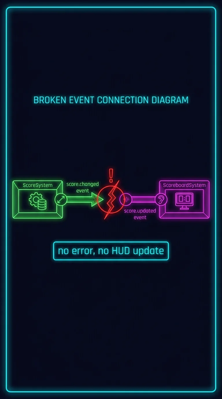 Dark background diagram of a broken event connection, a neon green node labeled ScoreSystem emitting an event labeled score.changed toward the right, and a neon magenta node labeled ScoreboardSystem listening on a separate disconnected line labeled score.updated, the two lines visibly failing to meet in the middle with a gap highlighted in red, caption-style label reading no error, no HUD update, dark navy background neon wireframe style