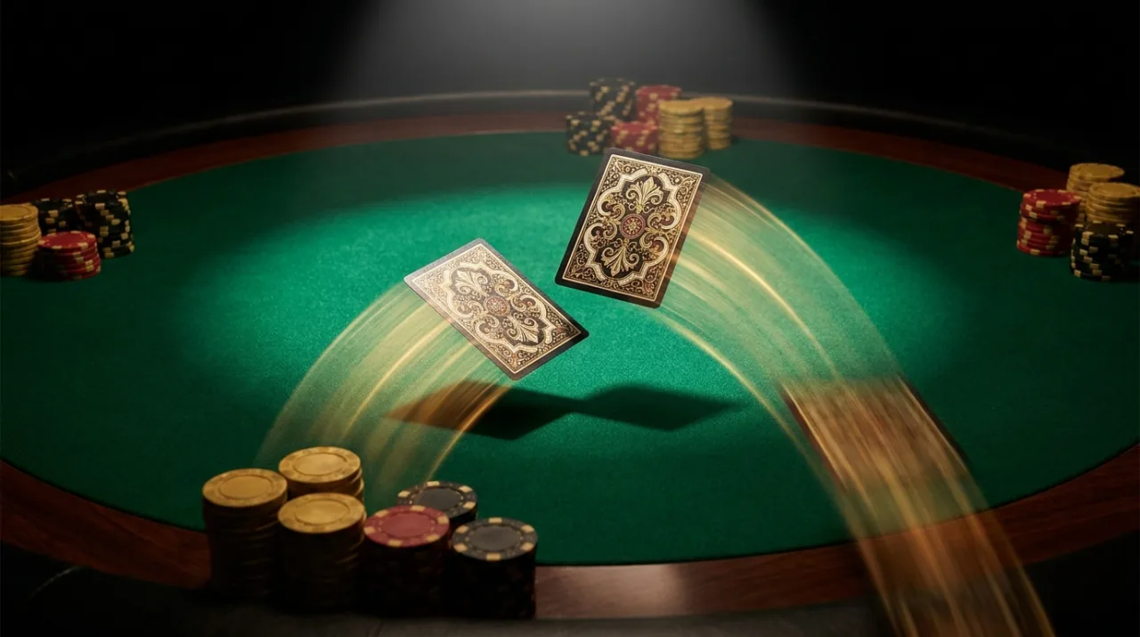 Two playing cards in mid-flight, arcing from the center of an emerald-green felt table down toward the player's edge, fanned slightly apart and face-down showing ornate card backs, motion trails of warm golden light behind them, dramatic overhead spotlight, deep black surround, cinematic and crisp.
