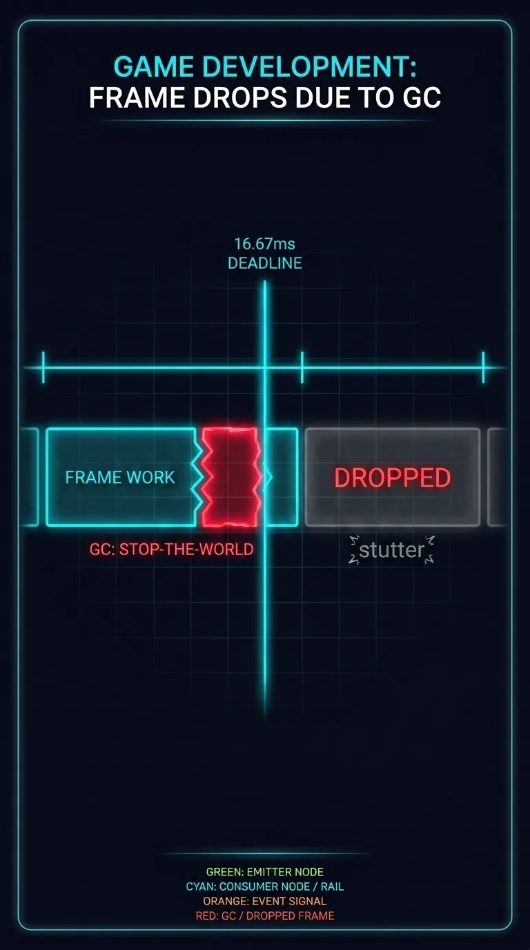 Dark navy neon-wireframe diagram: a horizontal frame timeline marked with a glowing 16.67ms deadline line; one frame's work bar runs along normally, then a bright red "GC: stop-the-world" block is wedged into the middle of it, pushing the bar past the 16.67ms line; the next frame slot is shown empty and greyed-out with a "DROPPED" label and a small stutter glyph
