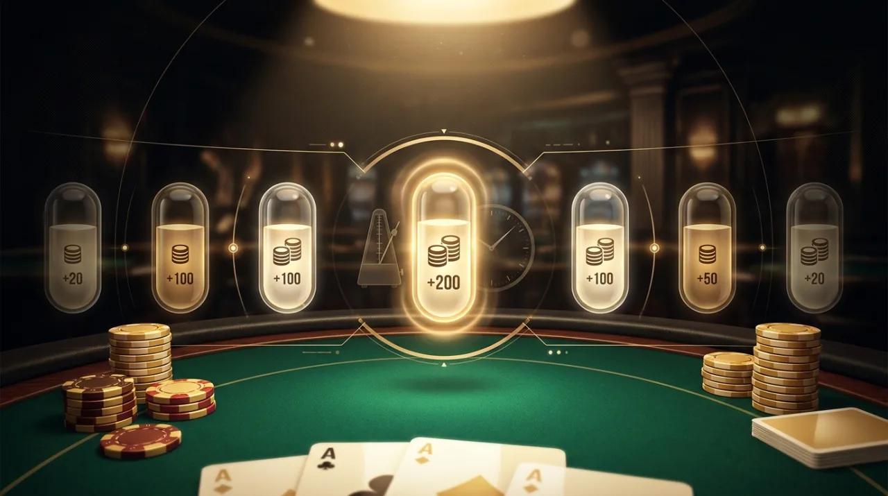 A row of sleek glowing glass status pills, one per player seat, floating along the edge of an emerald felt poker table, each showing a stack and bet, the active seat pulsing brighter, a faint metronome and clock motif behind them suggesting paced timing, warm gold and cream UI accents on near-black, clean cinematic HUD-over-felt look.