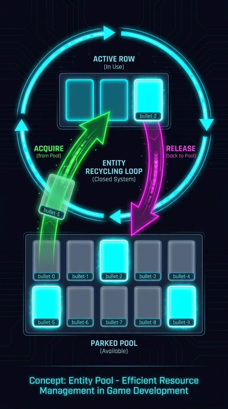 Entity pool diagram on a dark background, neon style: a grid of ten dim grey parked entity slots labeled bullet-0 through bullet-9, three of them glowing bright cyan as active, with a green acquire arrow pulling a dim slot up into the active row and a magenta release arrow returning a bright slot back down to the parked grid, forming a closed recycling loop