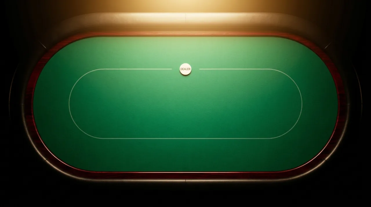 A pristine empty Texas Hold'em poker table seen from a high overhead angle: a smooth emerald-green baize felt rectangle pooled in a warm golden overhead spotlight, the betting line and dealer positions faintly marked, deep black surround fading to darkness at the edges. No cards, no chips yet — just the lit stage, cinematic and inviting, waiting for the game to begin.