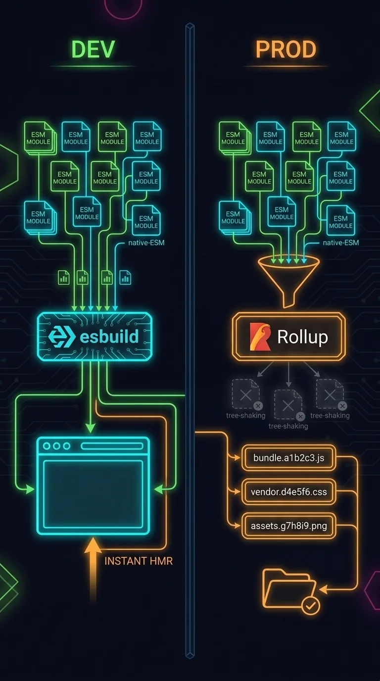 Split-panel dark-navy neon-wireframe diagram: left panel labeled DEV showing esbuild transpiling many small unbundled native-ESM module boxes wired straight to a browser with a glowing instant-HMR arrow; right panel labeled PROD showing Rollup funneling those modules into a few bundled chunks, faint greyed-out boxes falling away labeled tree-shaking, output files stamped with hashed names