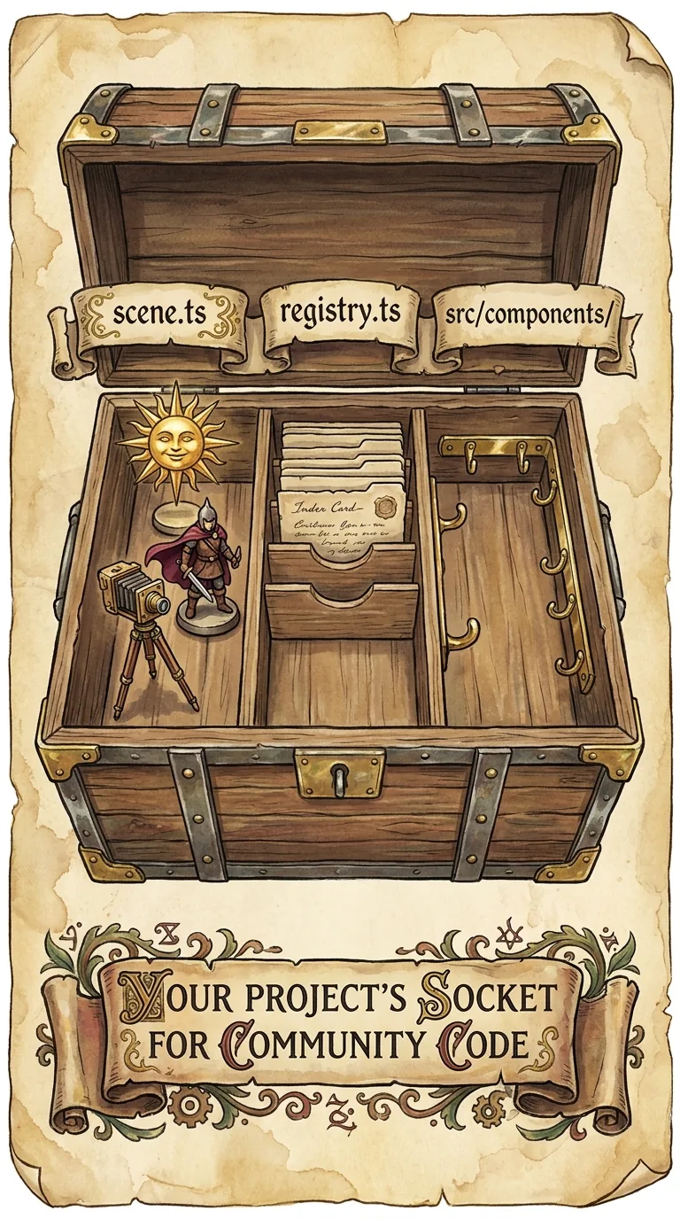 An open wooden chest seen from directly above, its interior divided into three labeled compartments: the first, labeled scene on a parchment tag, holds small painted entity figurines — a sun, a tiny hero, a camera on a tripod; the second, labeled registry.ts, is a neat index card rack with one card slotted in; the third, labeled src/components/, is an empty rack of brass hooks ready to hold tools; beneath the chest a short caption banner reads your project's socket for community code, hand-painted in the style of a 1990s video game instruction manual, classic fantasy RPG manual illustration, soft gouache and watercolor shading over confident ink outlines, aged parchment background, muted earthy palette with gold, deep red, and forest green accents