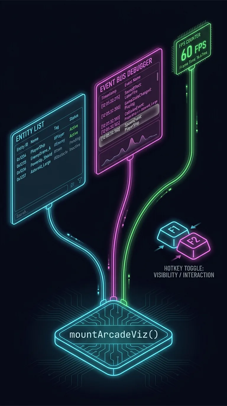 A single mountArcadeViz function call node on a dark background fanning out three glowing connection lines to three floating debug panels: an entity list panel with rows of entity names and tags, an event bus debugger panel with scrolling event names, and a small FPS counter chip pinned to the top edge. A keyboard F1 and F2 key pair glow beside the panels to suggest hotkey toggling. Dark near-black background with cyan, magenta, and green neon outlines, clean technical diagram style.