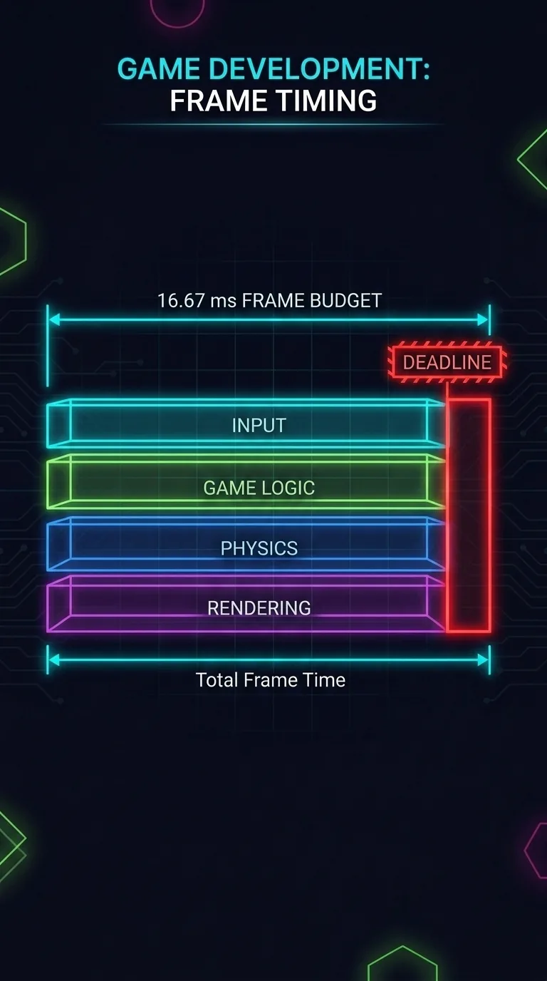 A horizontal frame-budget bar drawn in glowing neon wireframe on a dark navy background, the bar labeled "16.67 ms" and divided into four stacked segments — Input, Game Logic, Physics, Rendering — each a thin slice that together must not overflow the end of the bar; a hard red boundary line marks where the deadline falls