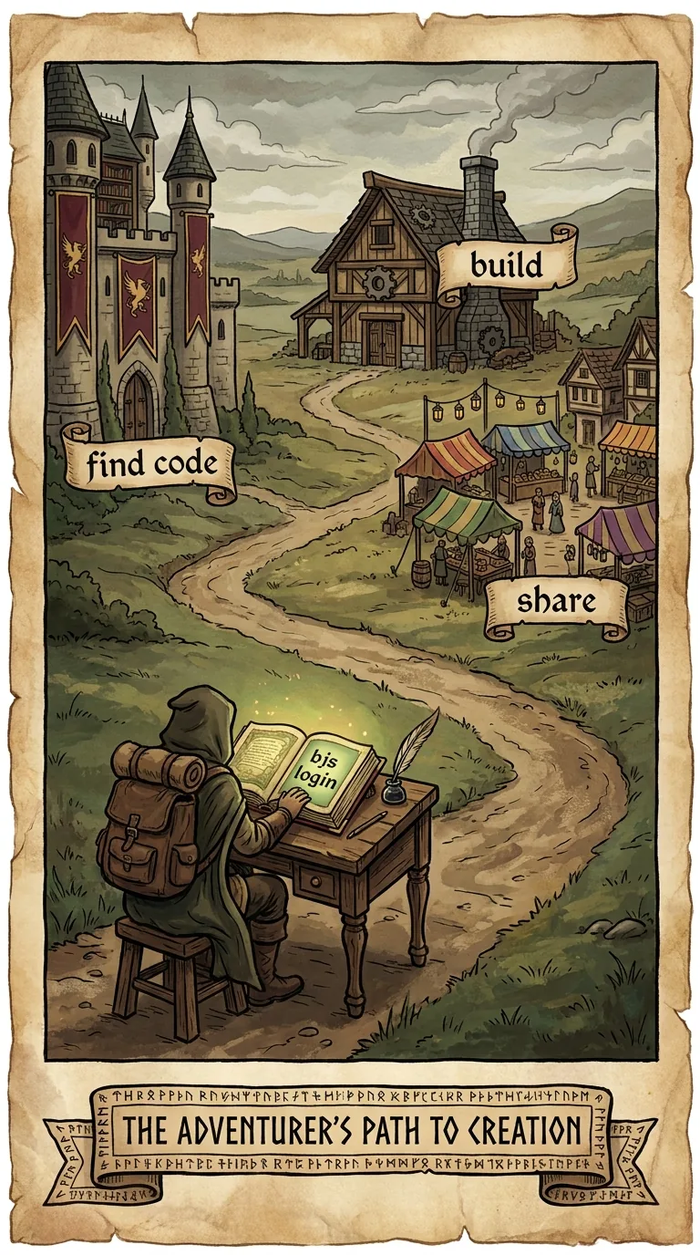 A lone adventurer seated at a small wooden writing desk in the lower foreground, an open terminal-like book on the desk glowing softly with the words bjs login lettered on its page, a winding path beginning at the foot of the desk and opening out toward a wide landscape that fills the upper scene: a tall castle library with banners rising on the left, a timber workshop with a smoking chimney in the center, and a lively village market with canopied stalls on the right, each of the three landmarks labeled with its own small parchment scroll banner reading find code, build, and share respectively, tall vertical 9:16 composition with the desk at the bottom and the landscape rising above it toward distant hills, hand-painted in the style of a 1990s video game instruction manual, classic fantasy RPG manual illustration, soft gouache and watercolor shading over confident ink outlines, aged parchment background, muted earthy palette with gold, deep red, and forest green accents, labels hand-lettered on small parchment scroll banners