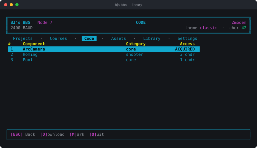 The Code shelf: each component with its category and an Access column reading ACQUIRED or a price in cheddar