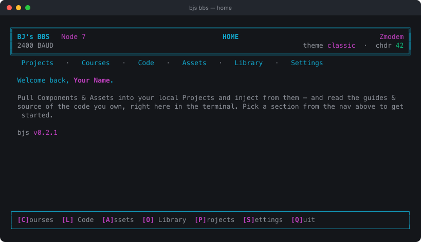 The BBS home screen: the masthead carries your theme and cheddar balance, the nav runs across the top, and the hotkeys sit in the footer