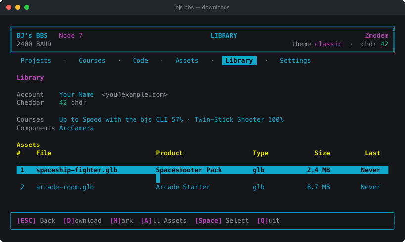 The Library section: your account and cheddar balance over everything you own — courses with progress, components, then downloaded assets