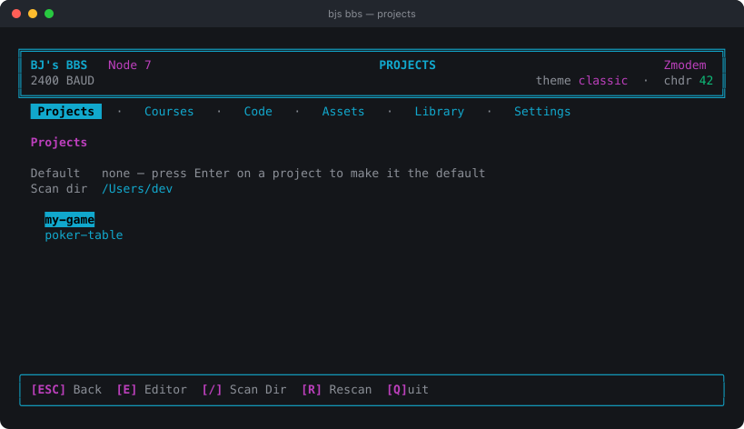 The Projects section: every scaffolded project found on disk, with the default marked