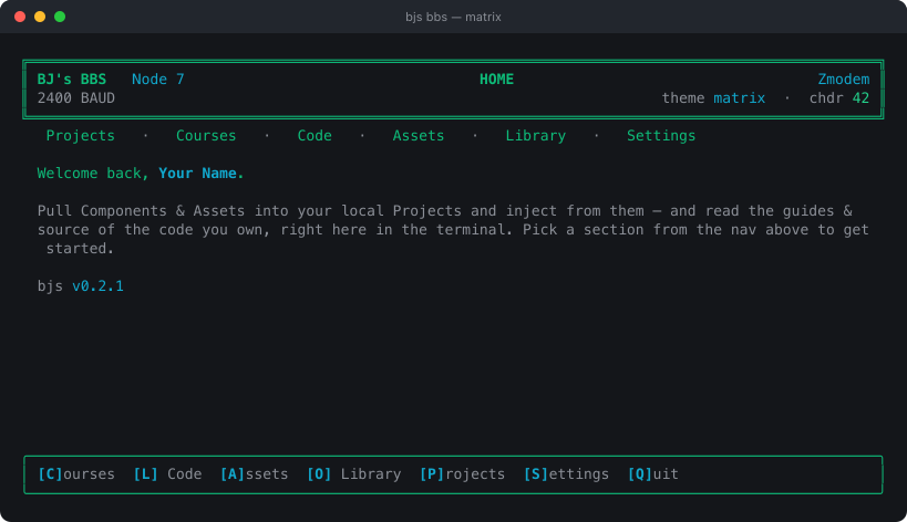 The BBS home screen in the matrix theme — green on black